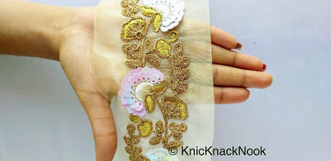 Gold Sheer Fabric Trim With Antique Gold Floral Embroidery And Pink White Two Tone Sequins Embellishments, Approx. 85mm Wide - 210119L122